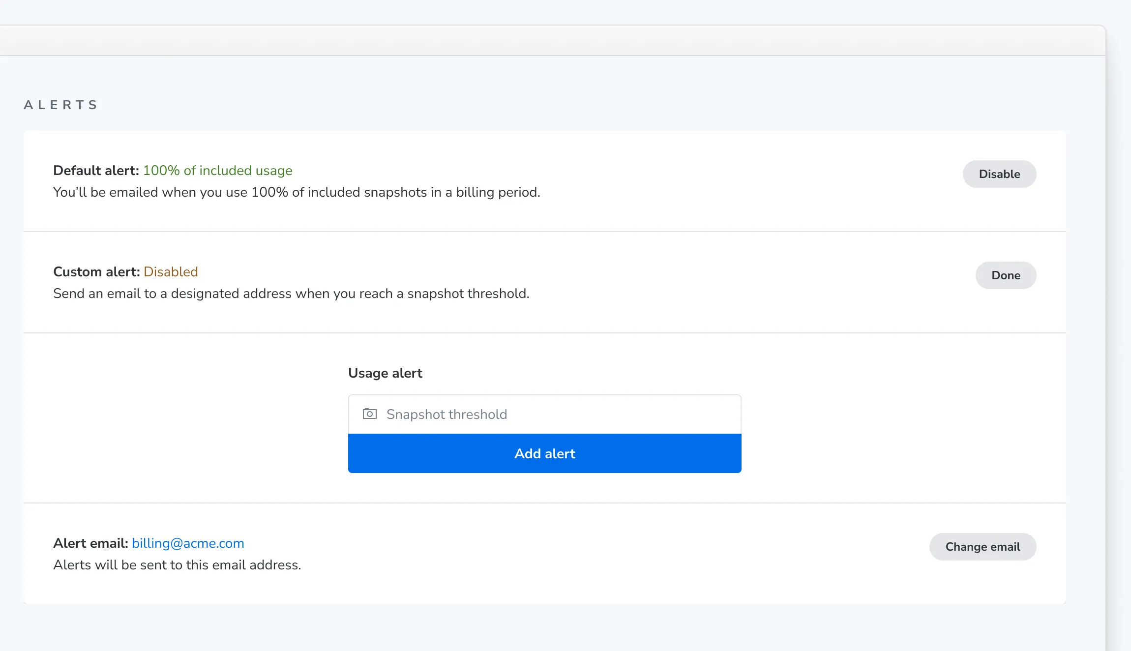 The custom alert form with a snapshot threshold field